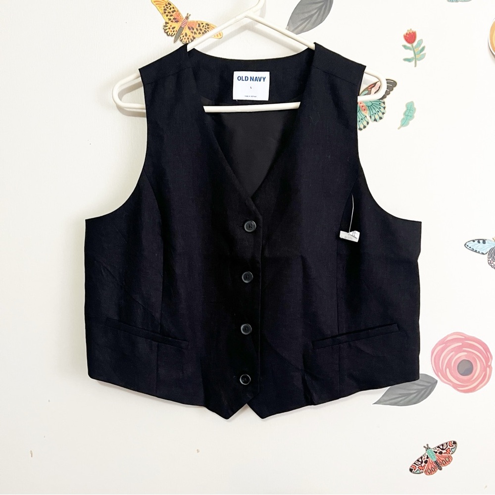 NWT Linen Old Navy Black Button-Up Vest L